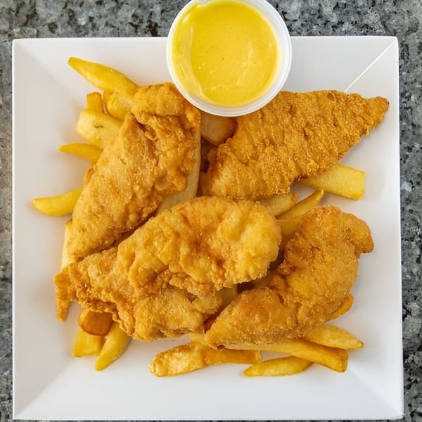 Crispy chicken tenders and golden french fries with a side of dipping sauce on a white plate.
